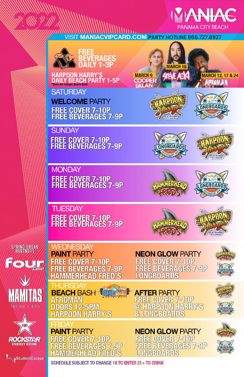 2022 spring break schedule pcb v1 maniac vip card